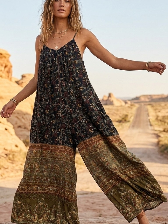 Karma Highway Pants - Bohemian Floral Wide-Leg Jumpsuit in Black and Olive